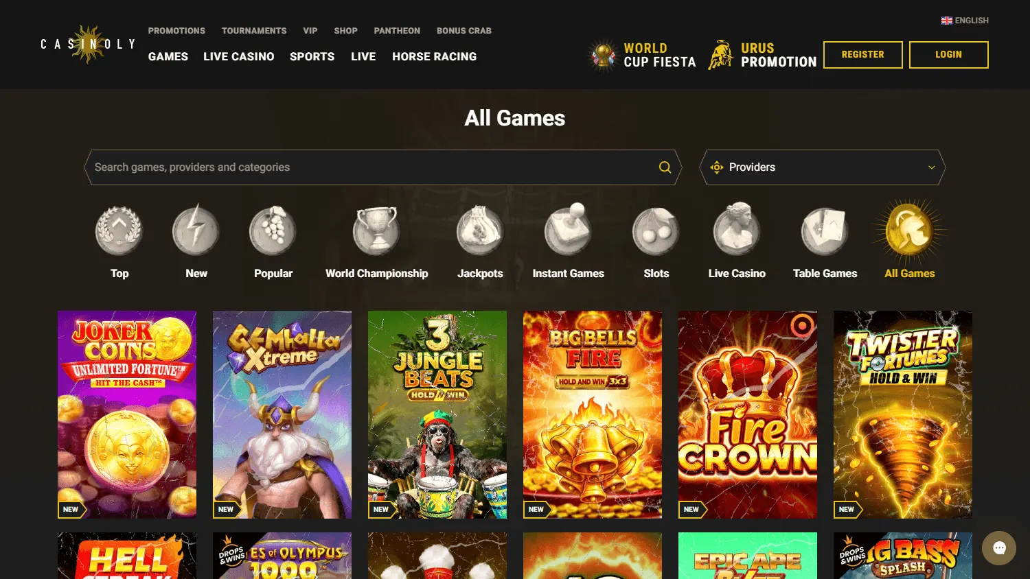 Casinoly Casino desktop games area with casino categories